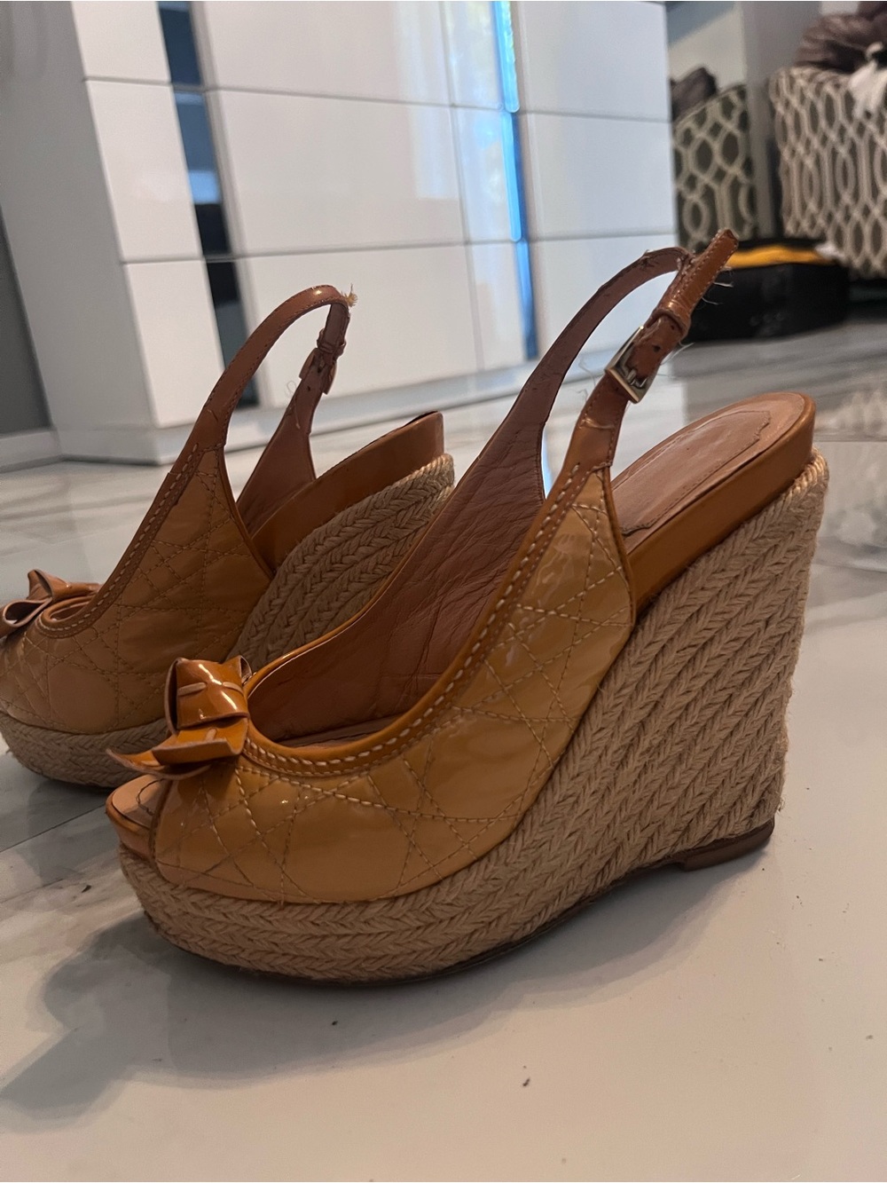 Christian Dior Womenβs Tan Wedge Slingback Sandals with Bow